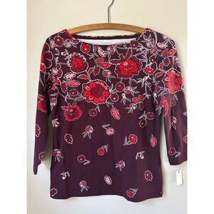 NWT Talbots Petite Floral Print Boat‎ Neck 3/4 Sleeve Casual Top Women's P